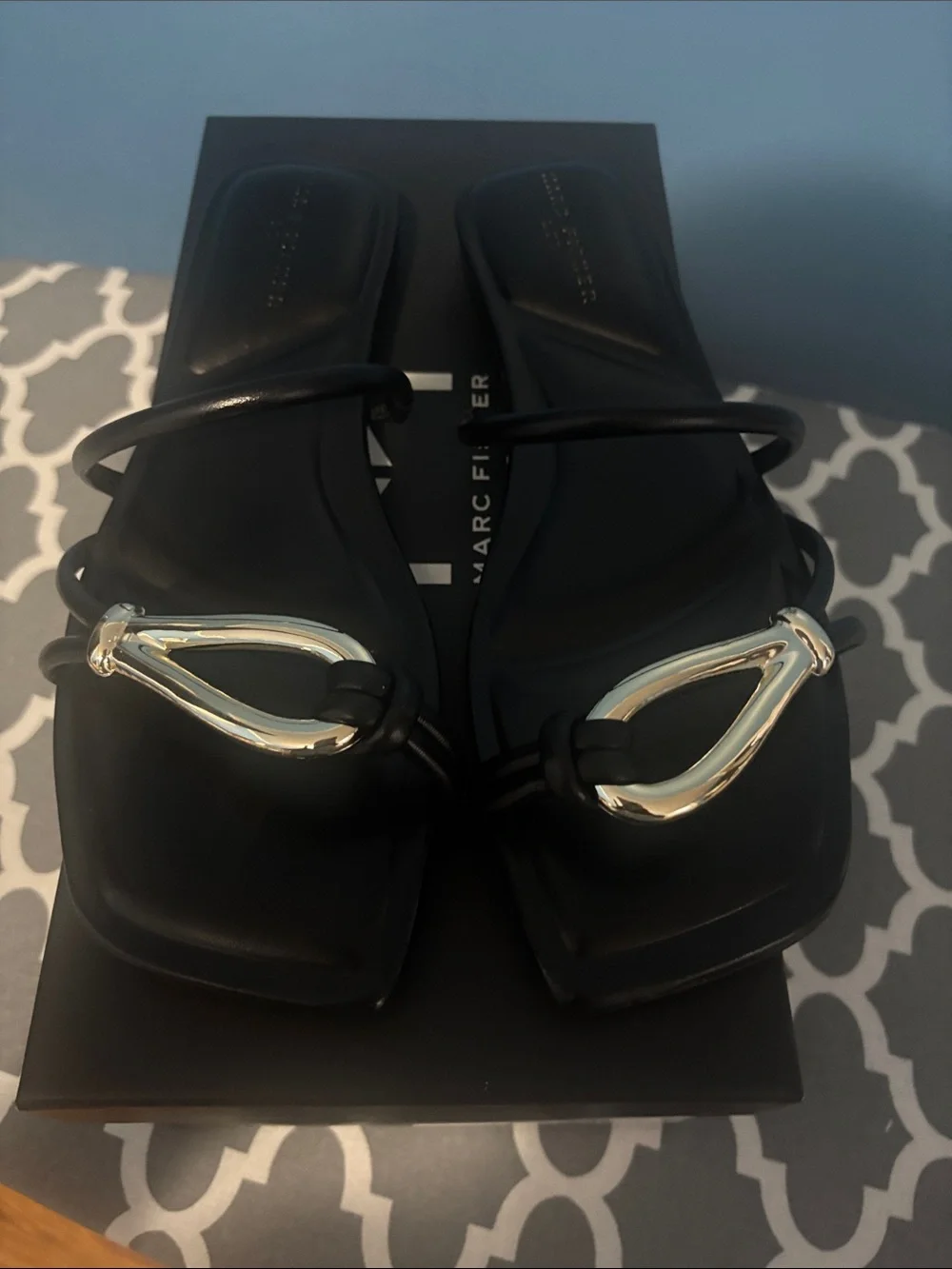 Marc Fisher Black Square-Toe Slide Sandals with Silver Teardrop Accent